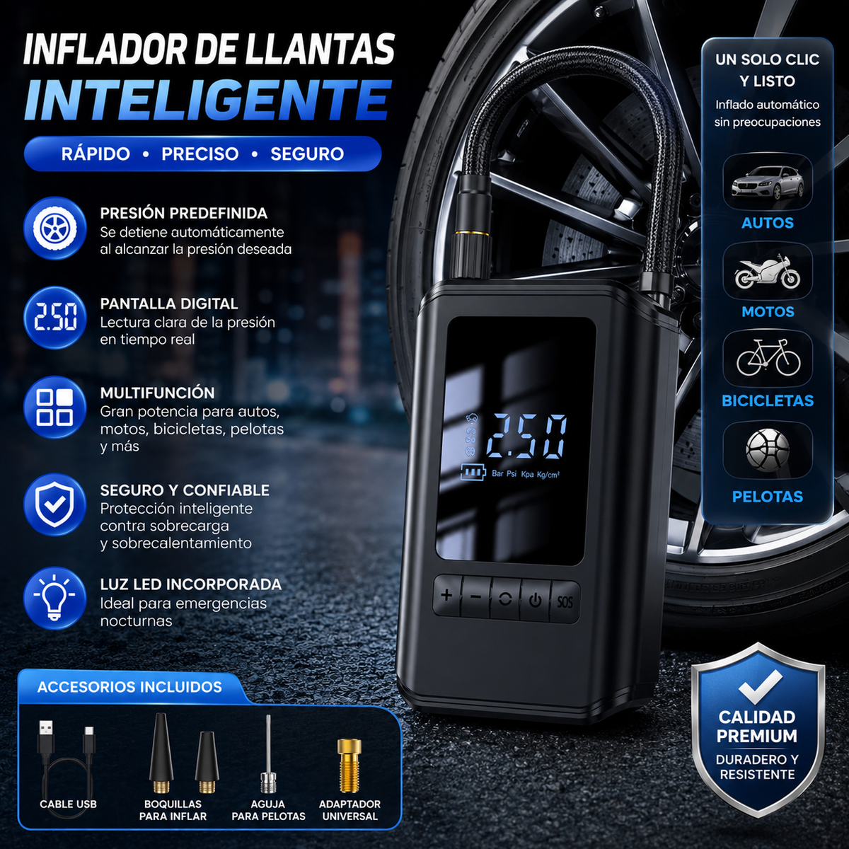 Inflador Digital Multifuncional PD42 150 PSI Recargable con Pantalla LED para Llantas Auto Moto Bicicleta