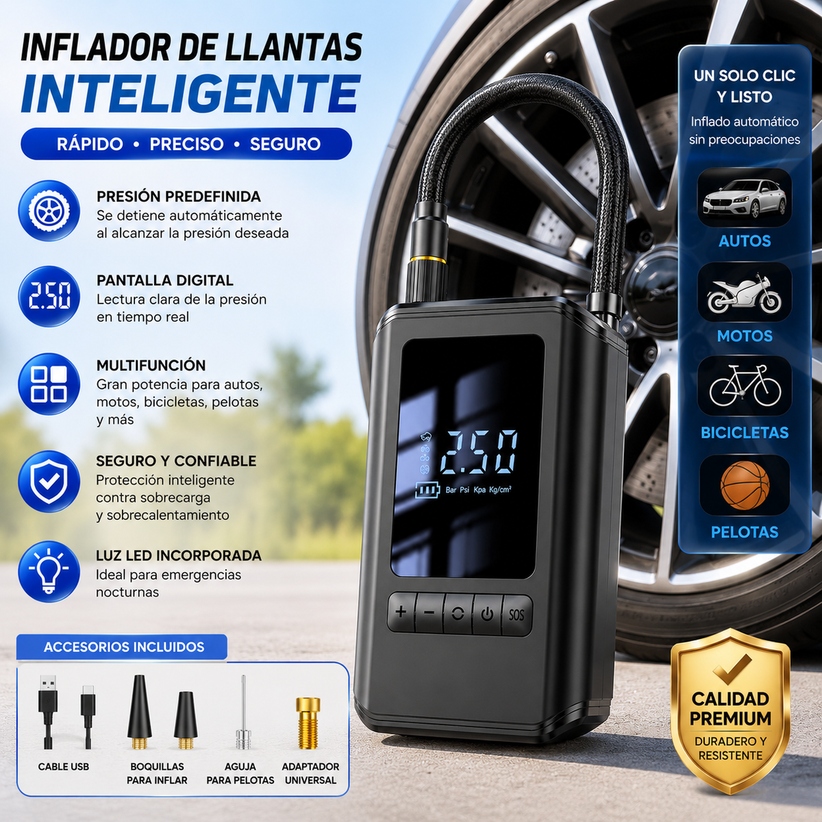 Inflador Digital Multifuncional PD42 150 PSI Recargable con Pantalla LED para Llantas Auto Moto Bicicleta